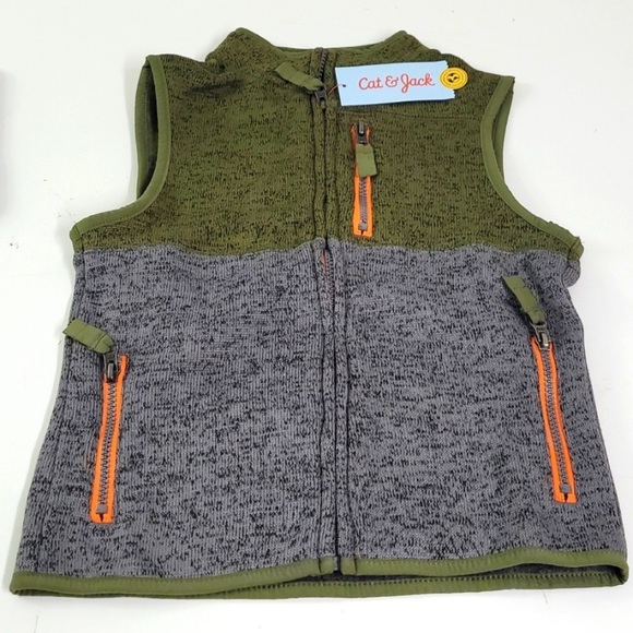 Cat & Jack Other - Boys' Knit Fleece Zip-Up Vest - Cat & Jack Olive Green/Gray/Orange - Size XS 4/5